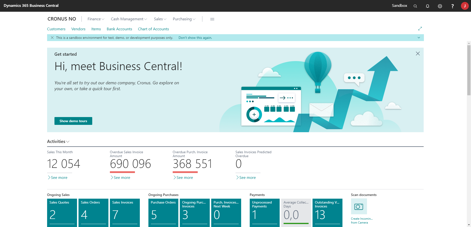 The home screen of Business Central
