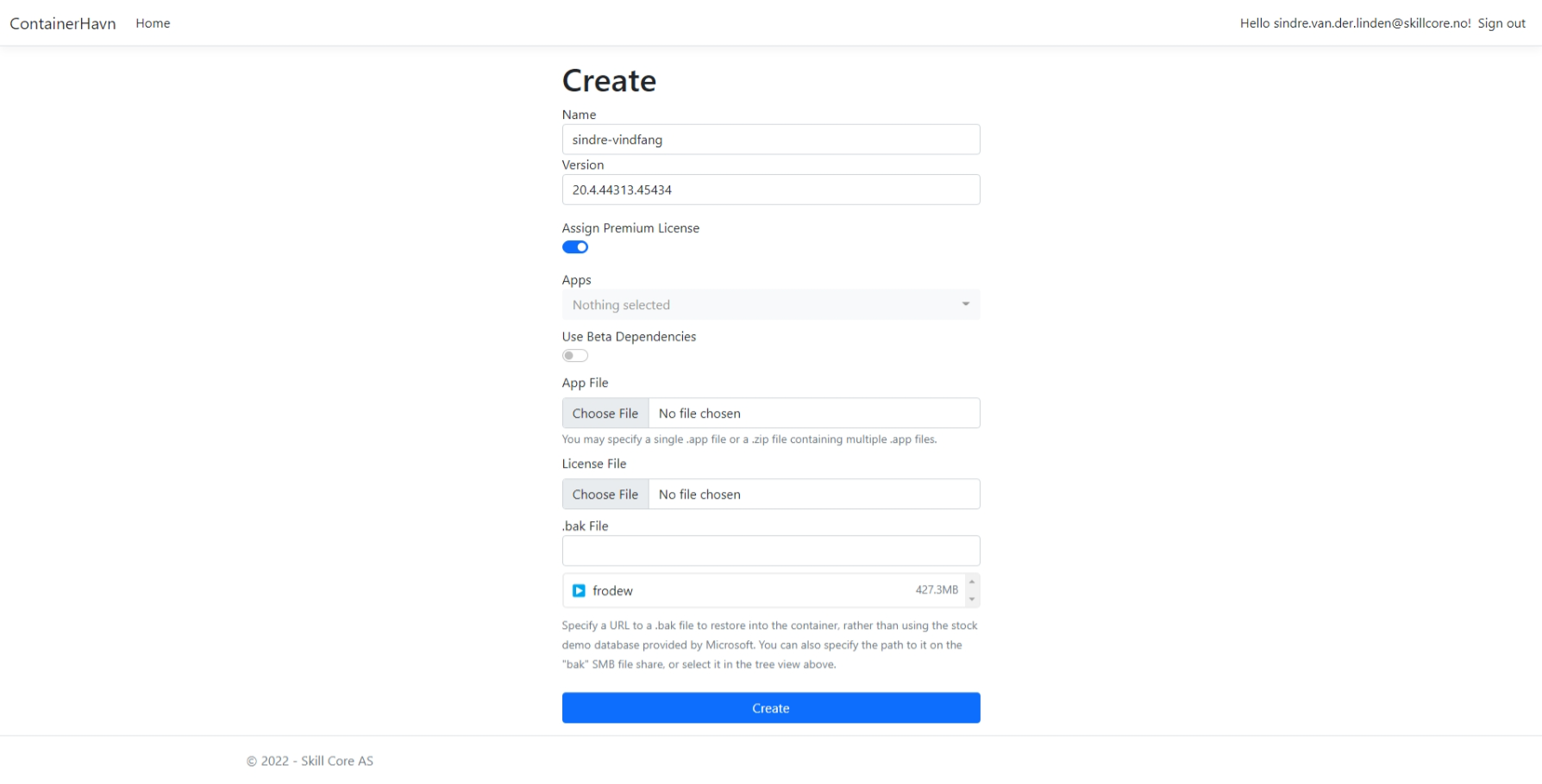 The create container form on ContainerHavn
