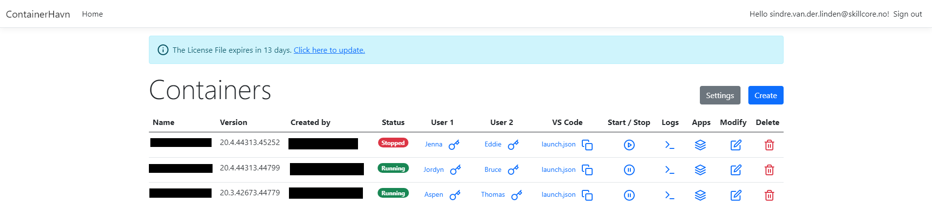 The container overview on ContainerHavn