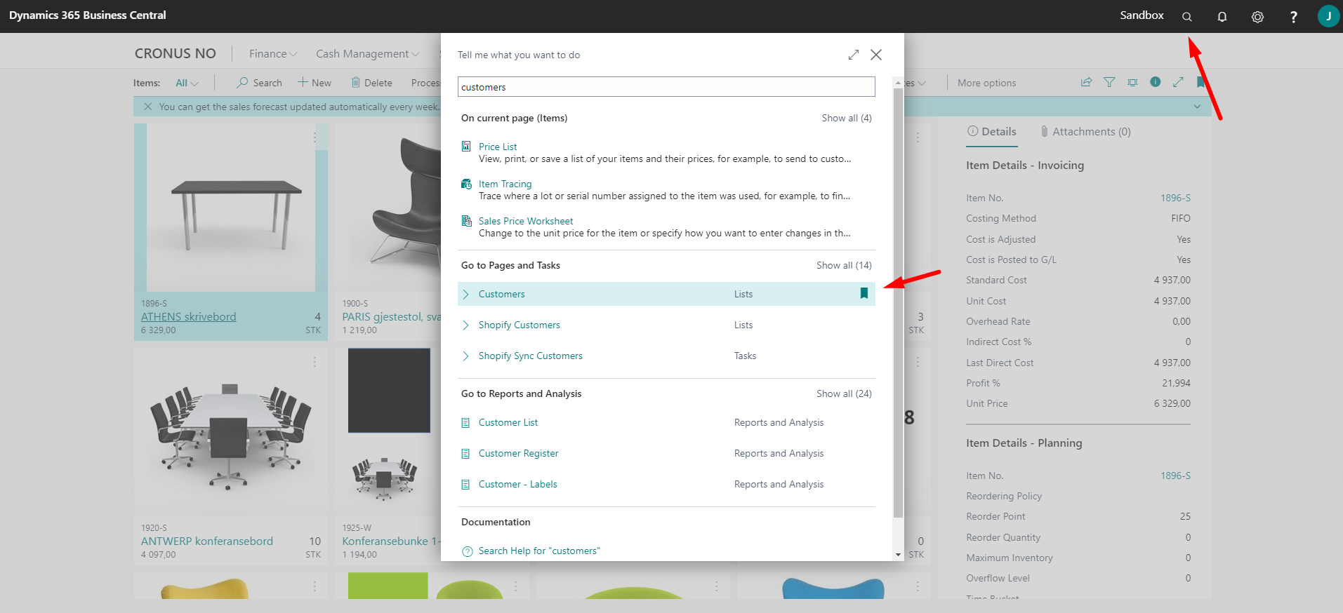 The "Tell me" functionality in Business Central, searching for "customers"