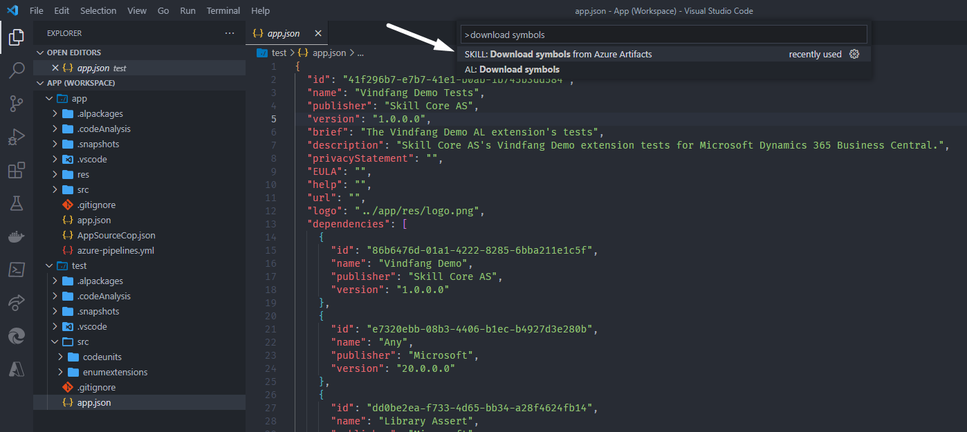 Our custom download symbols command in Visual Studio Code