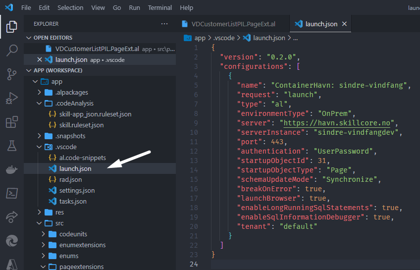 The launch.json file with the ContainerHavn connection